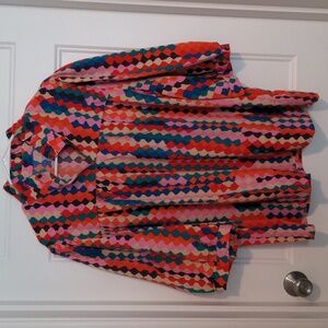 SHEIN Curve 2XL Multicolor Abstract Print Ruffle Collar Tunic Top